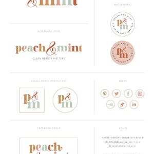 May include: A branding design featuring a logo with the words "peach & mint" in a playful font, along with color palette swatches, social media icons, and font examples. The design uses peach, brown, and mint green colors.