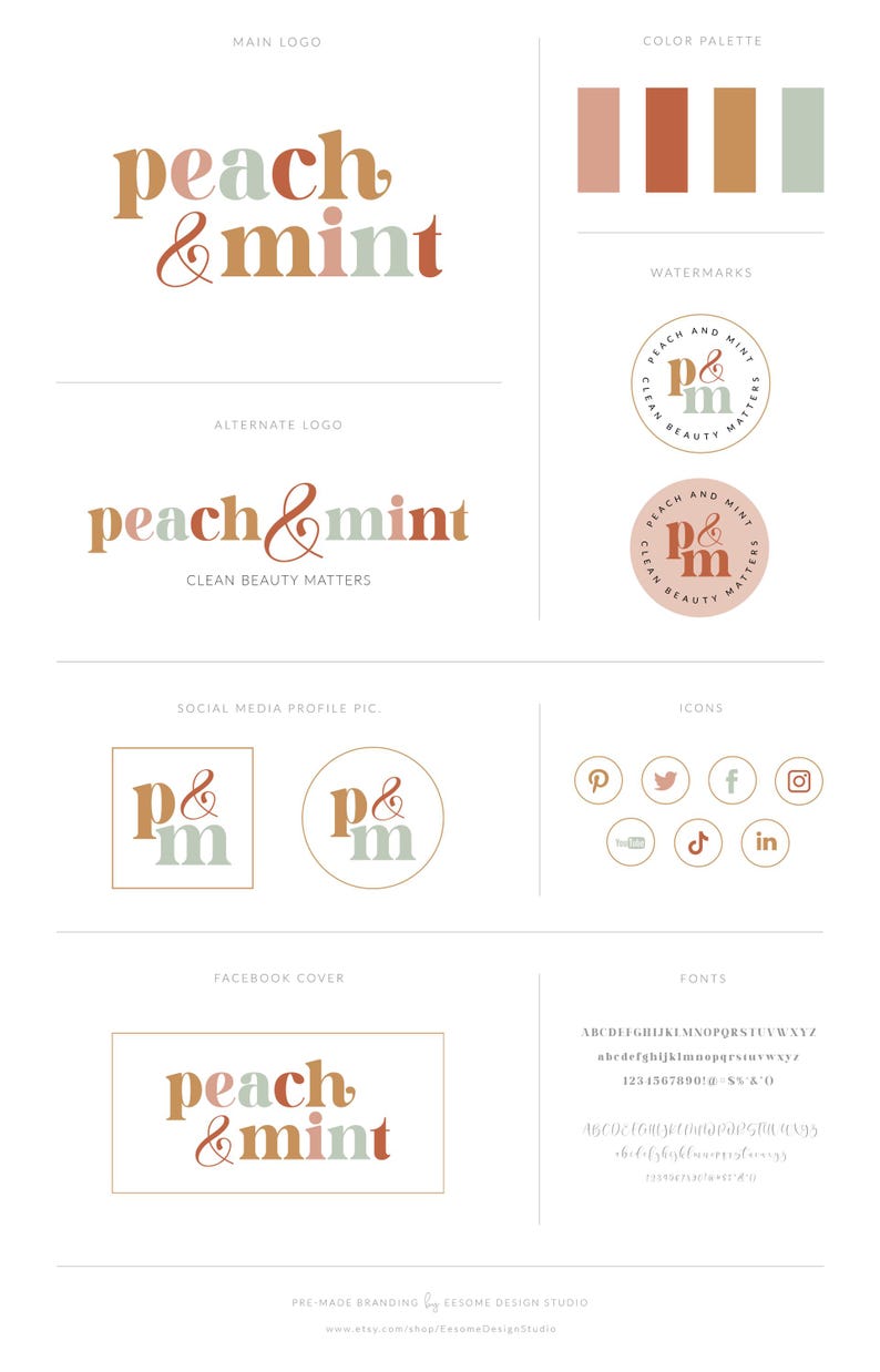 May include: A branding design featuring a logo with the words "peach & mint" in a playful font, along with color palette swatches, social media icons, and font examples. The design uses peach, brown, and mint green colors.