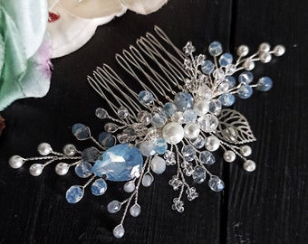 Blue-white wedding comb, Bridesmaid wedding crystal headpiece, Hair piece for bridesmaids, Blue wedding headpiece, crystal pin hair ornament