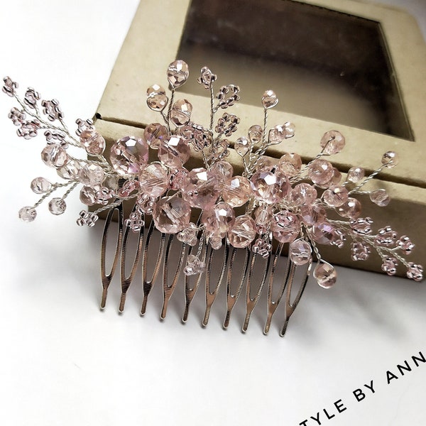 Handmade hair ornament, Blush wedding comb, Hair piece for bridesmaids, Bridesmaid wedding crystal headpiece, Light pink wedding headpiece
