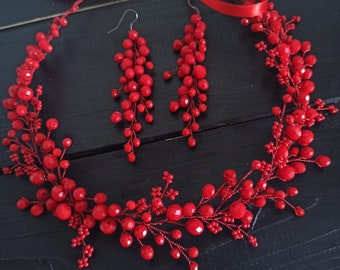 Red hair wreath  Red wreath for wedding Red hair jewelry set Red long crystal earrings Decoration for a red dress  Red brides wreath