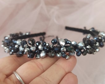 Silver black crystals and beads hair hoop, Silver and black beaded headband, Evening gown silver jewelry, Party black crystal headpiece