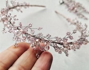 Light pink crystal hair pieces, Wedding pink crystal hair vine, Drop crystal headpiece, Sparkling headband, Handmade crystal wreath