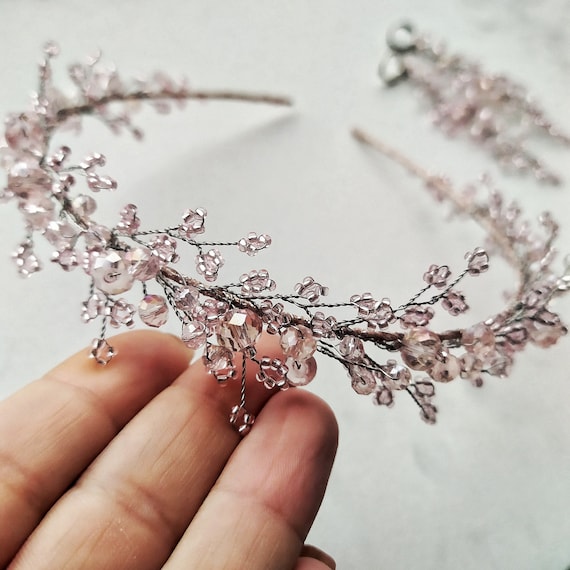 Light pink crystal hair pieces, Wedding pink crystal hair vine, Drop crystal headpiece, Sparkling headband, Handmade crystal wreath
