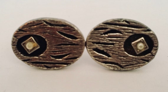 Vintage Cufflinks Oval Silver Tone Black Textured… - image 3