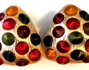 Vintage 1980s Runway Clip-On Earrings | Textured Gold Multi-Color Geometric Earrings
