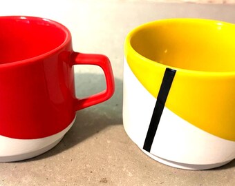 Vintage MoMA De Stijl Stacking Mugs — Set of 2 Modernist Coffee Cups