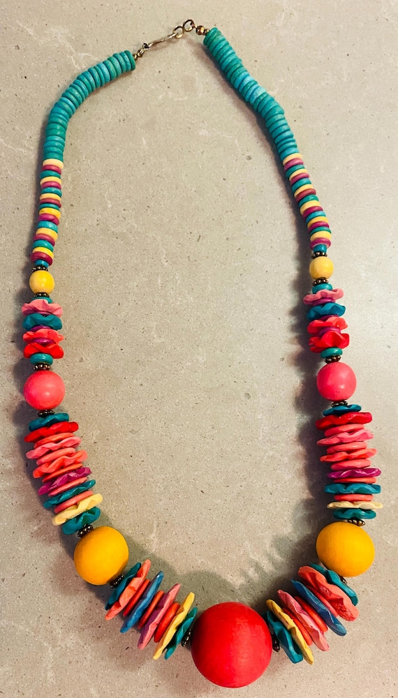 Vintage 1980s Multicolor Wooden Bead Necklace – Chunky Statement Retro Boho