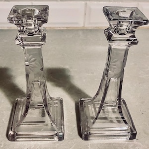 Vintage Clear Glass Taper Candle Holders with Etched Flower Design 7.5 Inches