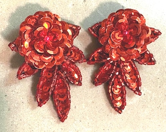 Vintage Red Sequin Flower Earrings • 80s Statement Jewelry