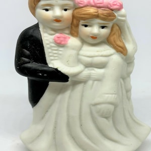 Vintage Porcelain Bride Groom Pink Roses Wedding Cake Topper