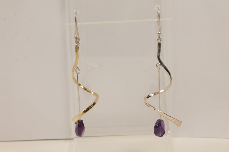 Artisan Made Sterling Silver Spiral Earrings Amethyst Quartz Gemstone Bead Wire Wrap Jewelry