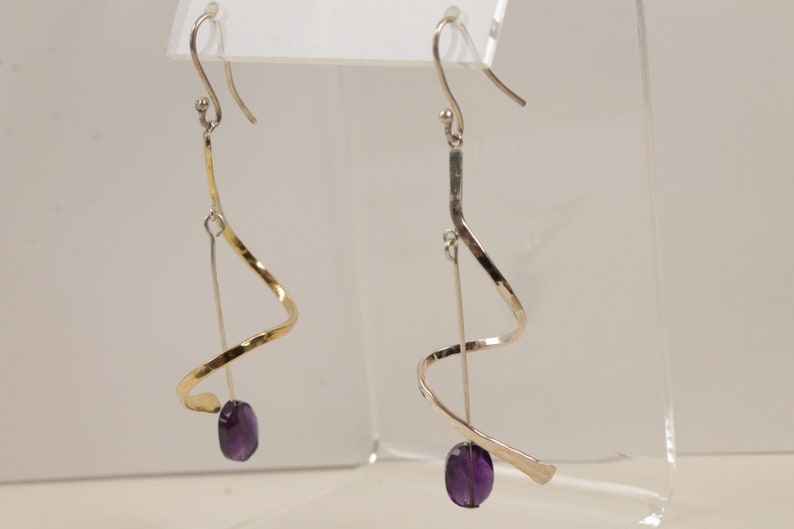 Artisan Made Sterling Silver Spiral Earrings Amethyst Quartz Gemstone Bead Wire Wrap Jewelry