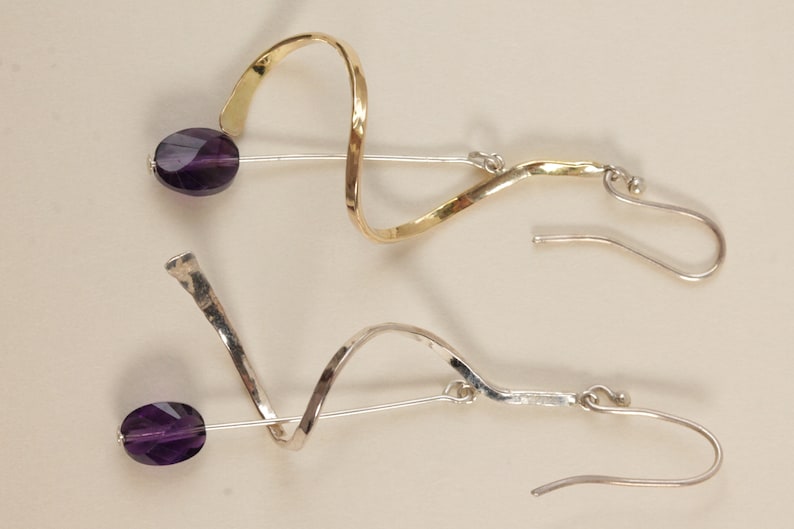 Artisan Made Sterling Silver Spiral Earrings Amethyst Quartz Gemstone Bead Wire Wrap Jewelry