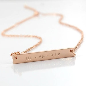 Custom Bar Necklace Roman Numeral Date Necklace Name Graduation Jewelry White Gold/ Gold/ Rose Gold Personalized Gift image 1