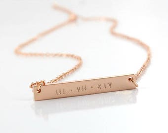 Custom Bar Necklace - Roman Numeral -Date Necklace - Name - Graduation Jewelry - White Gold/ Gold/ Rose Gold - Personalized Gift