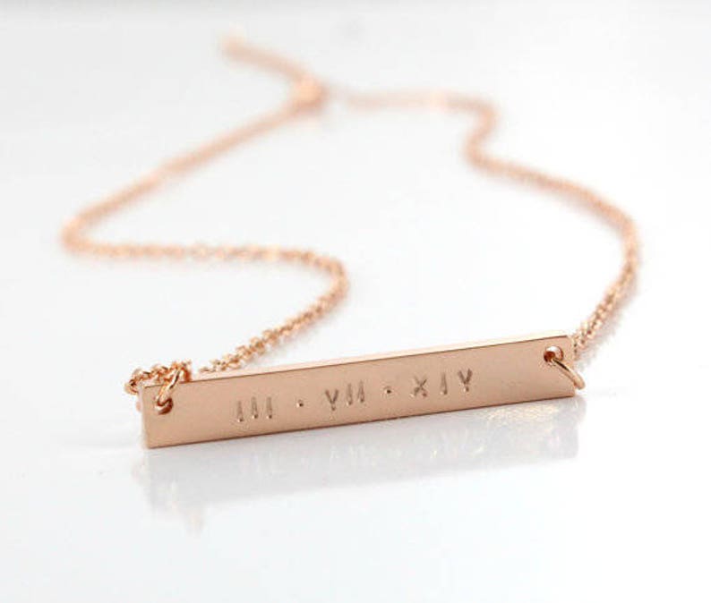 Custom Bar Necklace Roman Numeral Date Necklace Name Graduation Jewelry White Gold/ Gold/ Rose Gold Personalized Gift image 1