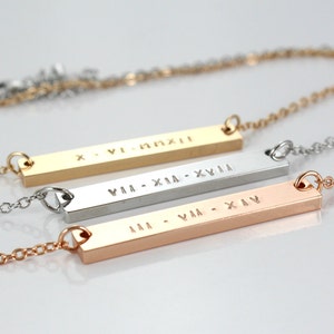 Custom Bar Necklace Roman Numeral Date Necklace Name Graduation Jewelry White Gold/ Gold/ Rose Gold Personalized Gift image 2