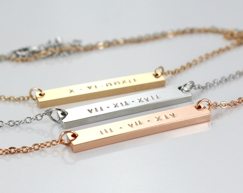 Custom Bar Necklace Roman Numeral Date Necklace Name Graduation Jewelry White Gold/ Gold/ Rose Gold Personalized Gift image 2