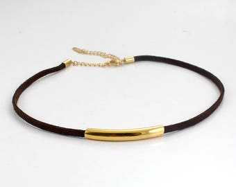 Chocker Necklace - Black/ Brown Suede Leather with Gold / Rose Gold / Silver Bar - Dainty Chocker - Leather Chocker - Black Chocker