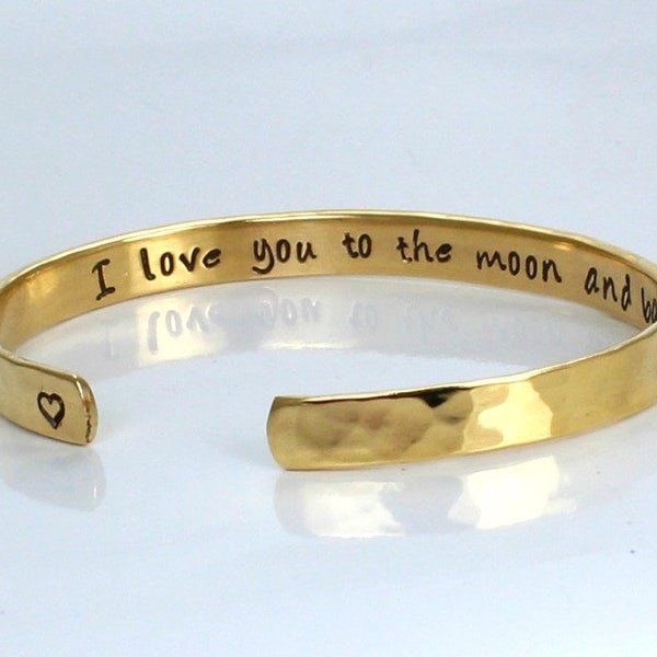 Bracciale martellato d'oro - Ti amo per la luna e il bracciale posteriore - Placcato oro / argento rosa oro - personalizzato - braccialetto per coppie - regalo di anniversario