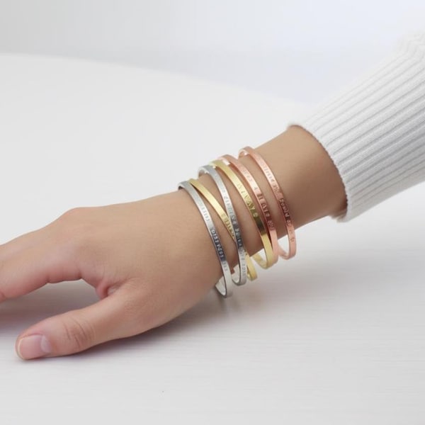 Personalized Bracelet - Custom Cuff, Engraved Bracelet Personnalisé -Silver Gold Rose Bangle - Armband Gift for Her Sister Mom Niece, Cousin