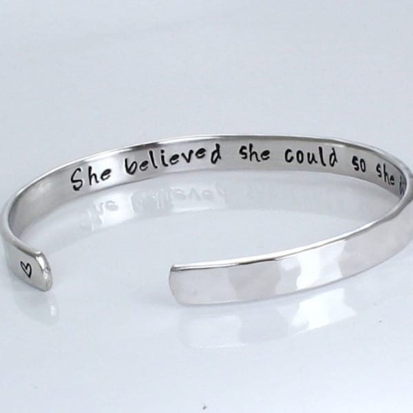 Silver Hammered Cuff Bracelet- She believed she could so she did- Graduation Gift -Gold /Rose Gold Plated - Personalized - Motivational Gift