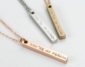 Engraved Bar Necklace, Personalized: &#39;You Are My Person&#39; - Silver, Gold, Rose Gold