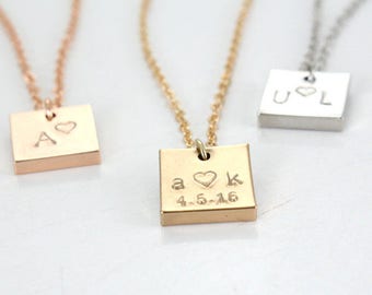 Square Gold Plated Necklace - Personalized Necklace - Date/ initials - Silver/ Gold/ Rose Gold plated - date charm - custom pendant