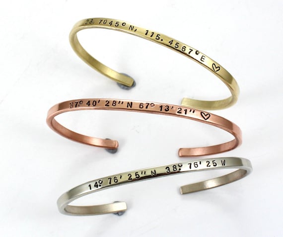 Personalized Coordinates Cuff Bracelet: 18K Gold Plated Bangle GPS