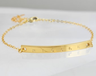 Gold Bar Bracelet – Personalized Name, Date, Roman Numeral Engraving
