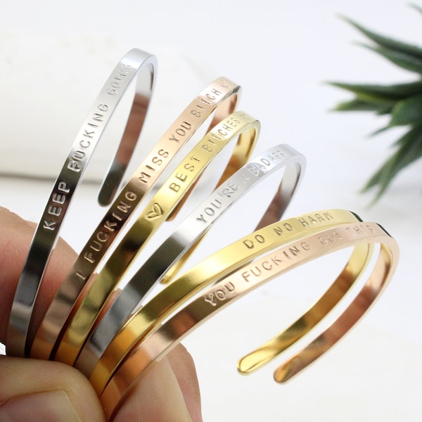 Motivational Quotes Cuff Bracelet, Stainless Steel, Encouragement Gift, Personalized Bangle, Keep Fucking Going, You Got This, Best Bitches