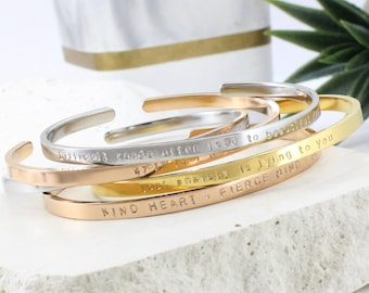 Motivational Cuff Bracelet for Women,Thin, Skinny Stainless Steel, Stacking, No Fade, Custom Engraving, Coordinates, Mantra, Quote Bangle