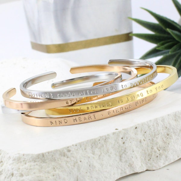 Motivational Cuff Bracelet for Women,Thin, Skinny Stainless Steel, Stacking, No Fade, Custom Engraving, Coordinates, Mantra, Quote Bangle