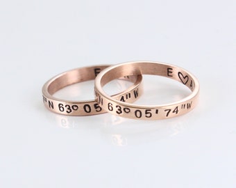 Anillo a juego para pareja, coordenadas, oro / rosa / plata de acero inoxidable, anillo personalizado, anillo GPS, latitud de longitud - grabado