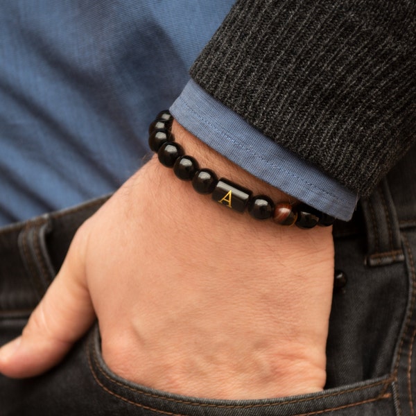 Bracelet initial pour hommes - Obsidienne noire, pierres d’oeil de tigre - Cadeau pour petit ami, fils, mari - Bracelets perlés pour hommes