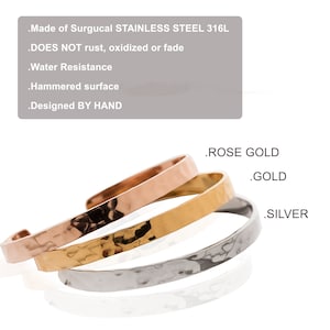 May include: Three hammered metal bracelets in rose gold, gold, and silver. The bracelets are stacked on top of each other. Made of surgical stainless steel 316L, water resistant, and designed by hand.
