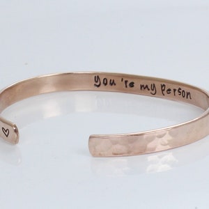 Custom 14k Rose Gold Cuff - You are my person - Hammered - Stainless Steel, Gold/ Rose Plated - Personalized - Bangle - Bracelet for couple