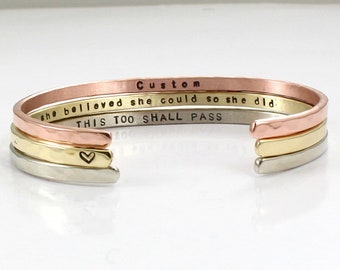 Personalized Hammered Cuff Bracelet: Stainless Steel, Rose Gold, or Gold