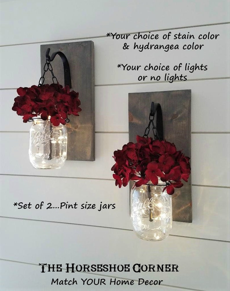 Wrought Iron Hooks Set of 2 Rustic Hanging Mason Jar Sconces Hanging Lighted Mason Jar Wall Sconces