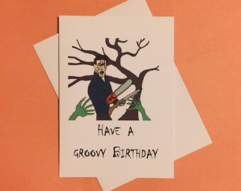アッシュ vs 死霊のはらわた グルーヴィーなグリーティングカード - 誕生日、記念日、バレンタインデーの5 x 7インチのグリーティングカード