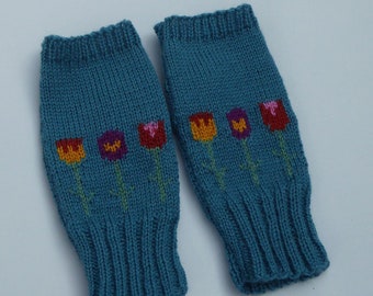 Wrist Warmers with thumbs knitted in merino wool with mini flowers, spring flowers knitwear, blue wool gloves