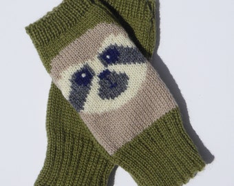 Sloth Fingerless Gloves, cute wristwarmers with thumbs knitted in green merino wool, fun and cute handmade mittens, sloth lover gift