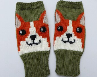 Corgi Dog fingerless gloves knitted in green merino wool with a cute dog face, handmade wrist warmers