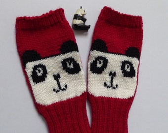 Cute Panda fingerless gloves knitted  in red merino wool , handmade woolly wrist warmers, fun colourful bear hand warmers