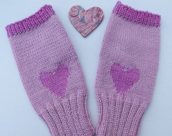 Bright pink heart on a pale pink knitted wool wrist warmers, handmade fingerless gloves, texting gloves, cosy hand warmers, a pink gift