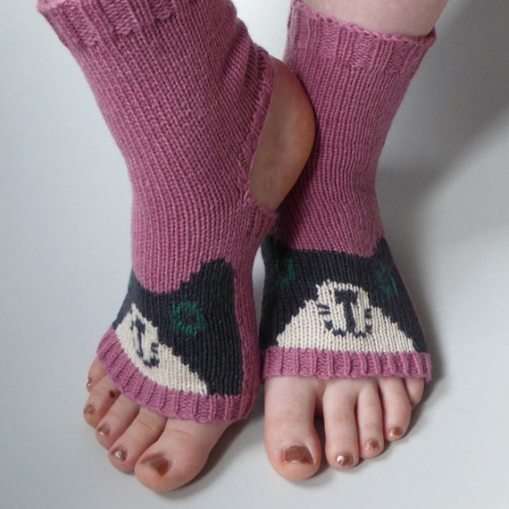 Black and White Cat Yoga Socks Knitted in Pink Organic Wool, Fun