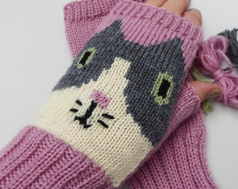 Cat Fingerless Gloves knitted with merino wool , grey and white kitten wrist warm in pink, handmade also in red or calico cat in green
