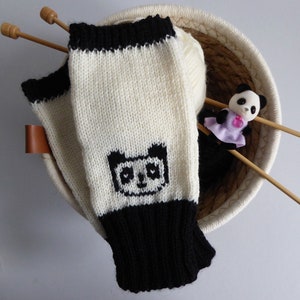 Panda merino wool knitted fingerless gloves, handmade wrist warmers in black and white with thumbs, cute bear mittens image 6