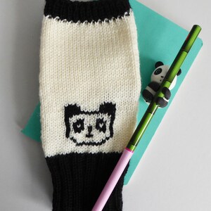 Panda merino wool knitted fingerless gloves, handmade wrist warmers in black and white with thumbs, cute bear mittens image 2